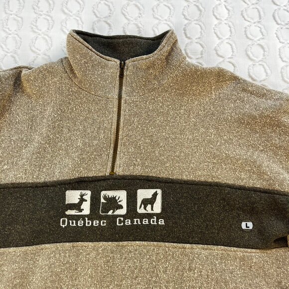 Souvenirs Northern Quebec Canada Sweater Men's Large 1/4 Zip Brown Winter Fall - Picture 2 of 4